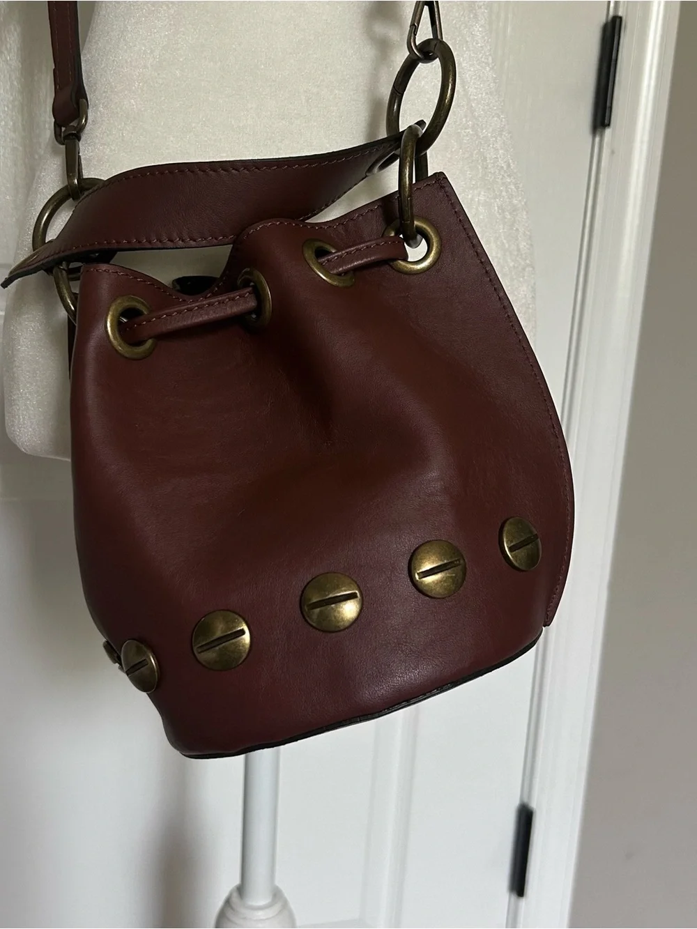 Stella Bianca Brown Italian Leather Brass Studded Drawcord Bucket Crossbody Bag